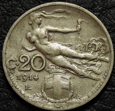 20 чентезимо 1914 Италия. Монета продается в единственном экземпляре, изображенном на фото.