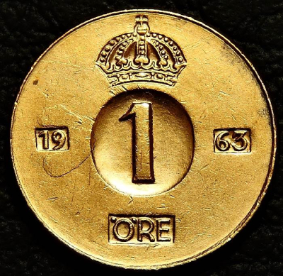 1 эре 1963 Швеция. VF-XF (состояние монет от хорошего до отличного). На фото образец.