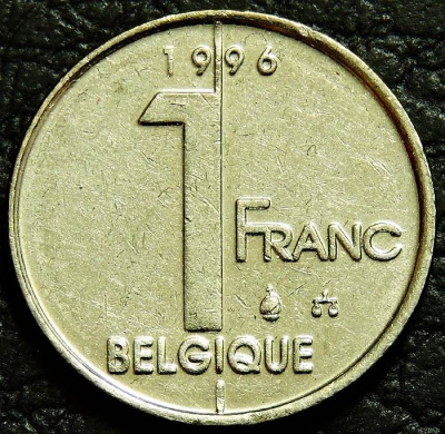 1 франк 1996 Бельгия 'BELGIQUE'. Монета продается в единственном экземпляре, изображенном на фото.