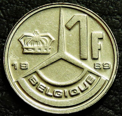 1 франк 1989 Бельгия 'BELGIQUE'. Монета продается в единственном экземпляре, изображенном на фото.