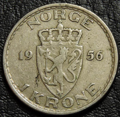 1 крона 1956 Норвегия. F-VF. На фото образец.
