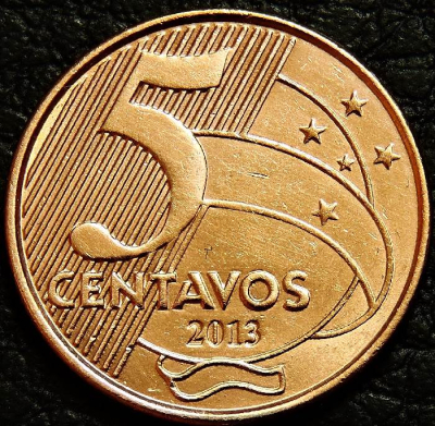 5 сентаво 2013 Бразилия. VF-XF (состояние монет от хорошего до отличного). На фото образец.