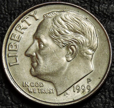 10 центов 1999 P США. Монета продается в единственном экземпляре, изображенном на фото.