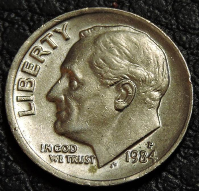 10 центов 1984 P США. Монета продается в единственном экземпляре, изображенном на фото.