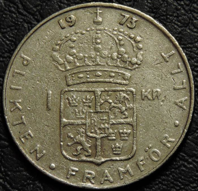 1 крона 1973 Швеция. VF-XF (состояние монет от хорошего до отличного). На фото образец.