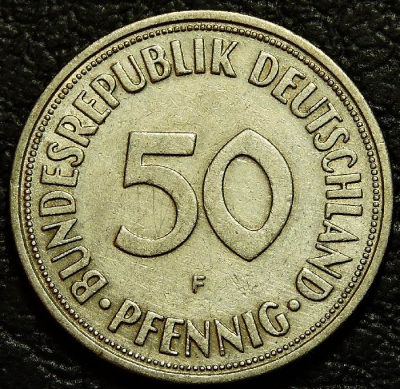 50 пфеннигов 1950 F Германия ФРГ. VF (состояние монет хорошее). На фото образец.