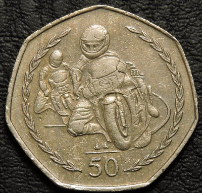 50 пенсов 1977 Остров Мэн. Мотогонки "Tourist Trophy" 27,3 мм. Монета продается в единственном экземпляре, изображенном на фото.