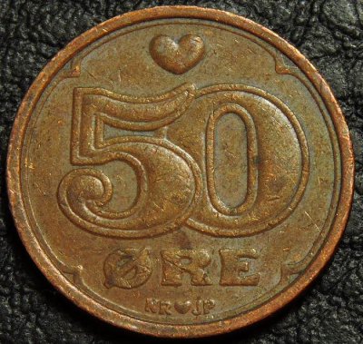 50 эре 1989 Дания. F-XF. На фото образец.