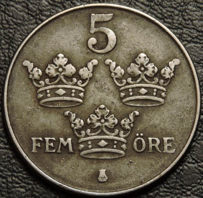 5 эре 1943 Швеция. F-VF. На фото образец.
