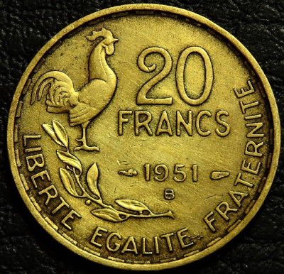 20 франков 1951 B Франция. Монета продается в единственном экземпляре, изображенном на фото.