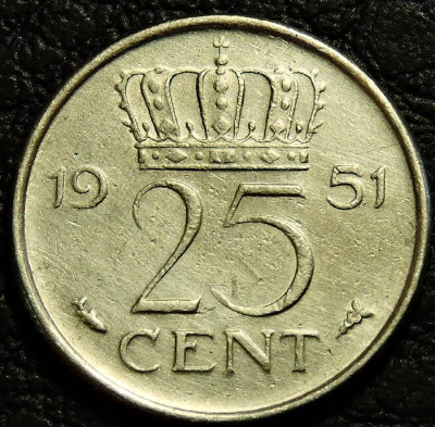 25 центов 1951 Нидерланды. Монета продается в единственном экземпляре, изображенном на фото.