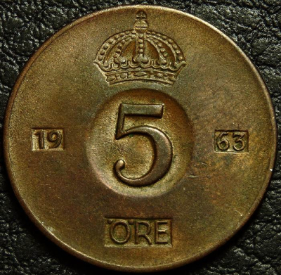 5 эре 1963 Швеция. Монета продается в единственном экземпляре, изображенном на фото.