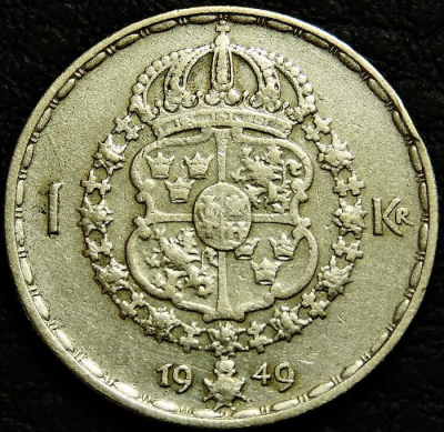 1 крона 1949 Швеция. Серебро. Монета продается в единственном экземпляре, изображенном на фото.