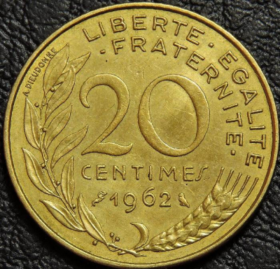 20 сантимов 1962 Франция. Монета продается в единственном экземпляре, изображенном на фото.