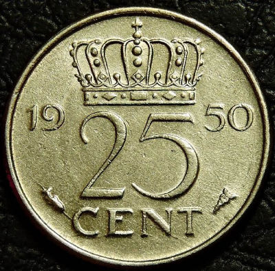 25 центов 1950 Нидерланды. Монета продается в единственном экземпляре, изображенном на фото.