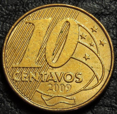 10 сентаво 2009 Бразилия. Монета продается в единственном экземпляре, изображенном на фото.