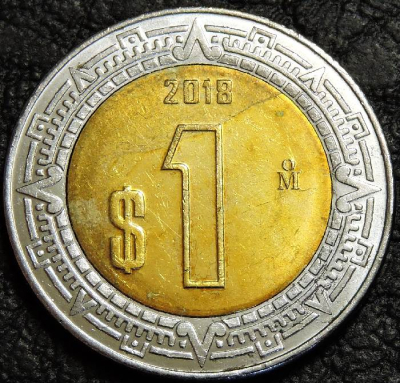 1 песо 2018 Мексика. Монета продается в единственном экземпляре, изображенном на фото.