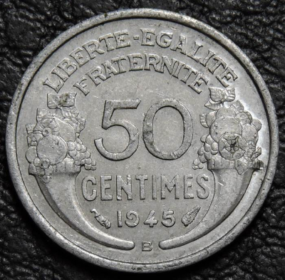 50 сантимов 1945 B Франция. Монета продается в единственном экземпляре, изображенном на фото.
