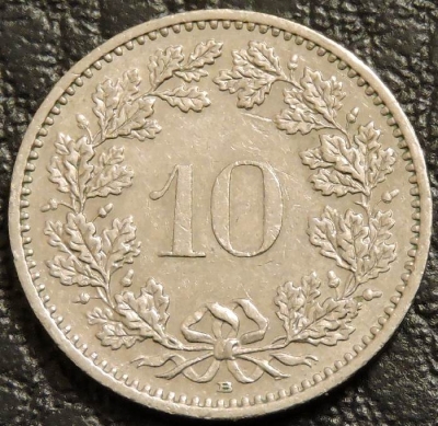 10 раппенов 1990 Швейцария. F-VF. На фото образец.
