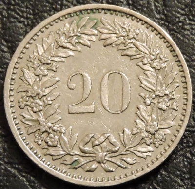 20 раппенов 1975 Швейцария. F-VF. На фото образец.