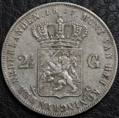 2,5 гульдена 1857 Нидерланды. Серебро 945 пробы. Монета продается в единственном экземпляре, изображенном на фото.