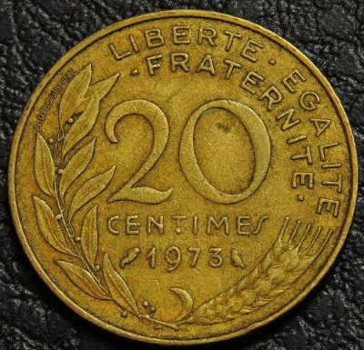 20 сантимов 1973 Франция. Монета продается в единственном экземпляре, изображенном на фото.