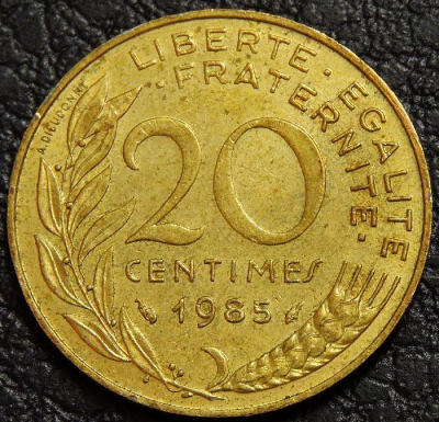 20 сантимов 1985 Франция. Монета продается в единственном экземпляре, изображенном на фото.