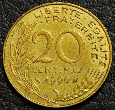 20 сантимов 1990 Франция. Монета продается в единственном экземпляре, изображенном на фото.