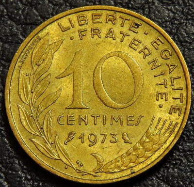 10 сантимов 1973 Франция. Монета продается в единственном экземпляре, изображенном на фото.