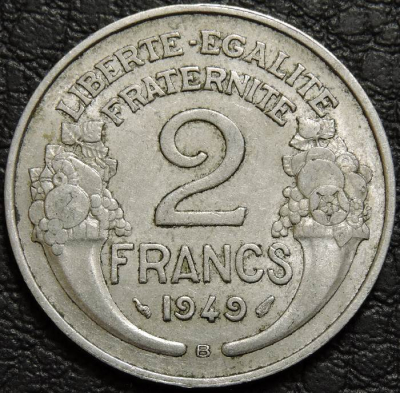 2 франка 1949 B Франция. Монета продается в единственном экземпляре, изображенном на фото.