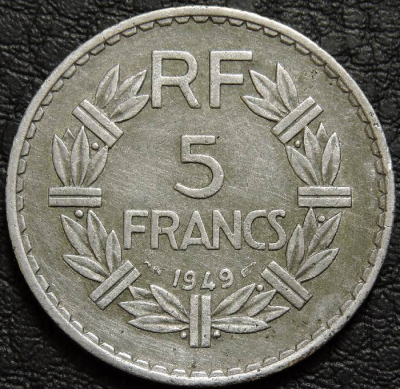 5 франков 1949 Франция. Без буквы. Монета продается в единственном экземпляре, изображенном на фото.