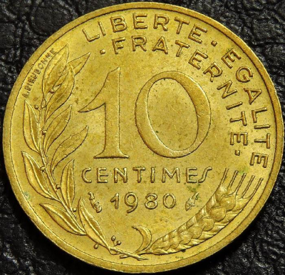 10 сантимов 1980 Франция. Монета продается в единственном экземпляре, изображенном на фото.
