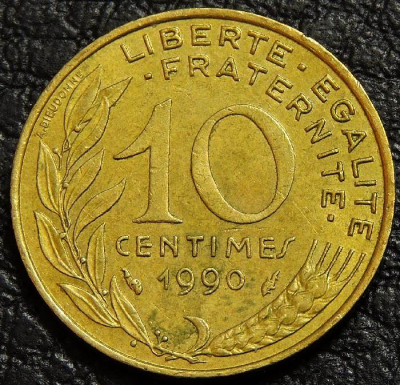 10 сантимов 1990 Франция. VF-XF. На фото образец.