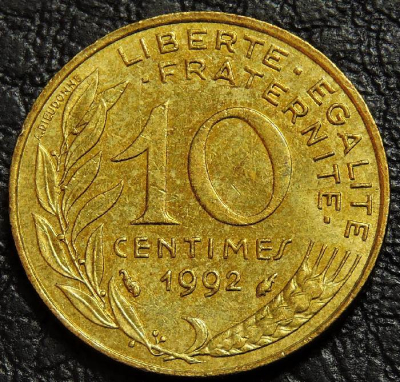10 сантимов 1992 Франция. Монета продается в единственном экземпляре, изображенном на фото.