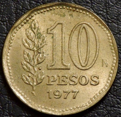 10 песо 1977 Аргентина. F-XF. На фото образец.