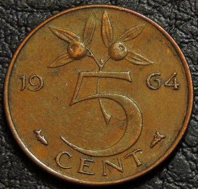 5 центов 1964 Нидерланды. F-XF. На фото образец.