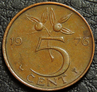 5 центов 1976 Нидерланды. F-XF. На фото образец.