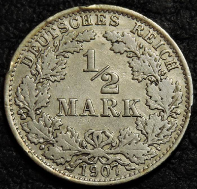 1/2 марки 1907 A Германия. Серебро. Монета продается в единственном экземпляре, изображенном на фото.