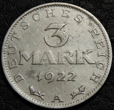 3 марки 1922 A Германия. Монета продается в единственном экземпляре, изображенном на фото.