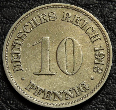 10 пфеннигов 1913 G Германия. Монета продается в единственном экземпляре, изображенном на фото.