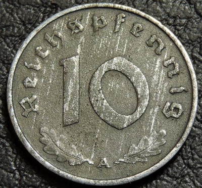 10 рейхспфеннигов 1943 A Германия. Монета продается в единственном экземпляре, изображенном на фото.