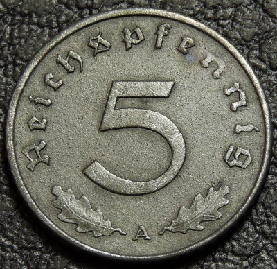 5 рейхспфеннигов 1942 A Германия. Монета продается в единственном экземпляре, изображенном на фото.