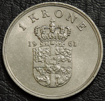 1 крона 1961 Дания. Монета продается в единственном экземпляре, изображенном на фото.