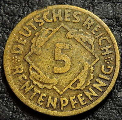 5 рентенпфеннигов 1924 G Германия. Монета продается в единственном экземпляре, изображенном на фото.