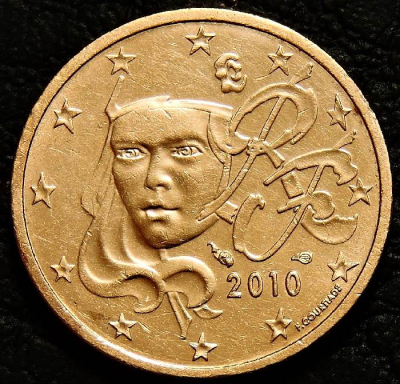 2 евроцента 2010 Франция. Монета продается в единственном экземпляре, изображенном на фото.