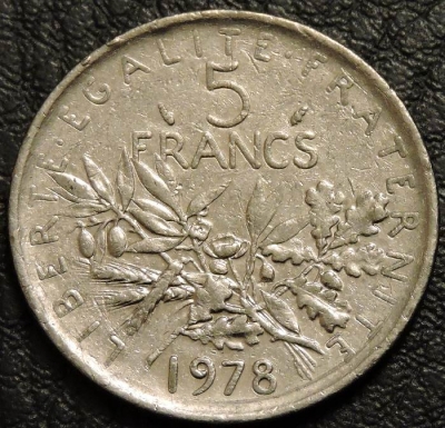 5 франков 1978 Франция. F-XF. На фото образец.